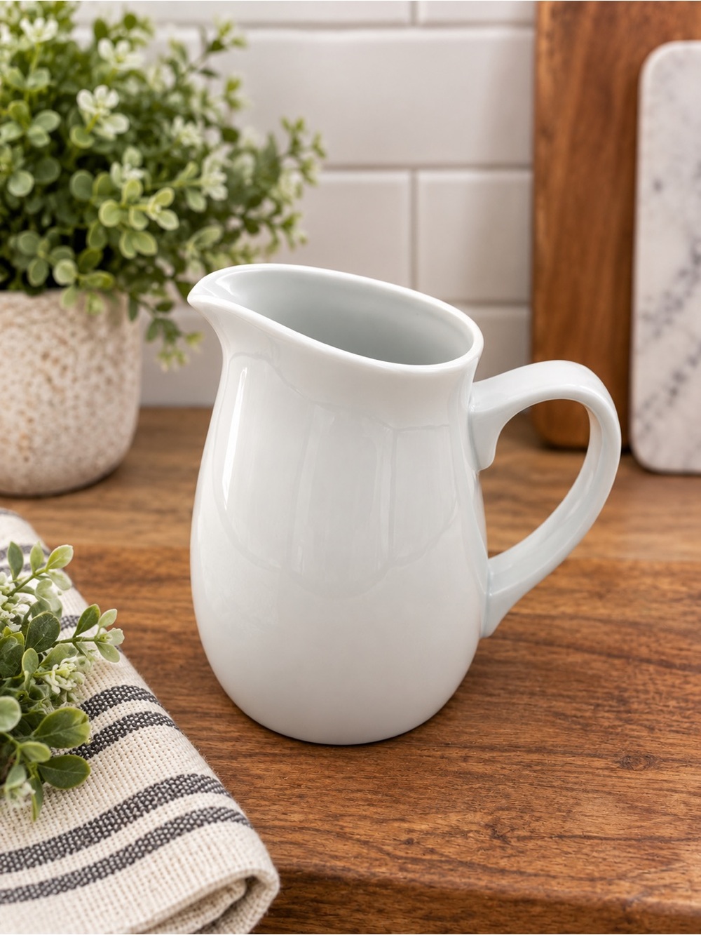 Classic White Ceramic Creamer Pitcher Farmhouse Kitchen Serving Jug